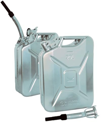 2x Benzinkanister 20 L inkl. flexibler Ausgießer & Halterung Silber Chrom Optik Kraftstoffkanister mit UN Zulassung