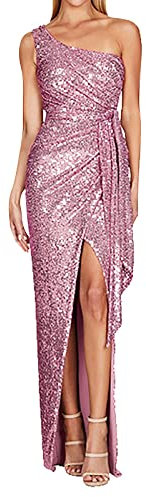 Generisch Damen One-Shoulder-Taille mit, Plissee-Pailletten-Kleid Plissee Kleid (Gold, S)