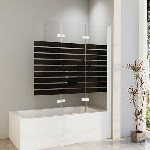 WDWRITTI Duschwand für Badewanne 1400x1400mm Duschabtrennung 3-Teilig Faltbar, Duschtrennwand mit Schwarz Gestreift Badewannenaufsatz mit 6mm ESG Glas, Badewannenfaltwand in Weiß Alu