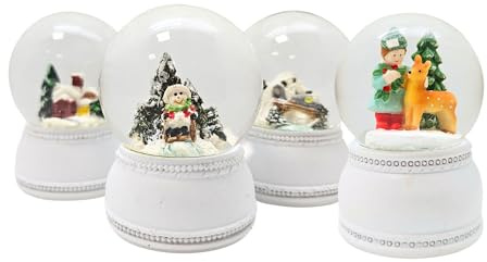 4 süße Mini-Schneekugeln Weihnachten Winter und REH auf Sockel weiß Nostalgie | Durchmesser 45mm | 20264abc-263