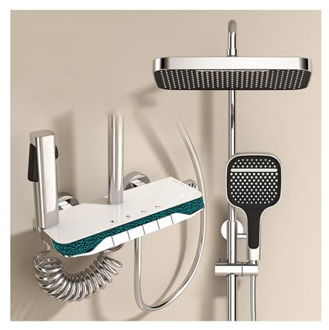SWHC Colonna Doccia con Miscelatore, Colonna Doccia Altezza Regolabile Set Doccia LED Display Digitale 4 Funzioni Kit Doccia con Soffione e Doccetta 3 modalità, Bidet Doccetta