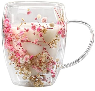Doppelwandige Glas Kaffeetassen Mit Getrockneten Blumen, 350ml Blumen Doppelschicht Glasbecher, Doppelwandige Gläser, Trockenblumen-Doppelglas, Isolierte Kaffeetasse Für Kalte Und Heiße Getränke
