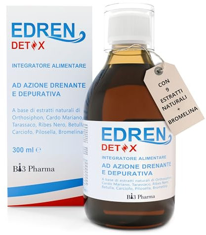 Edren Detox Drenante Fuerte Adelgazante | Bromelina Fuerte Drenante con Ortosifon, Diente de león, Cardo Mariano | Detox Hígado e Intestino para Retención, Celulitis, Piernas Ligeras | Sabor Cítricos