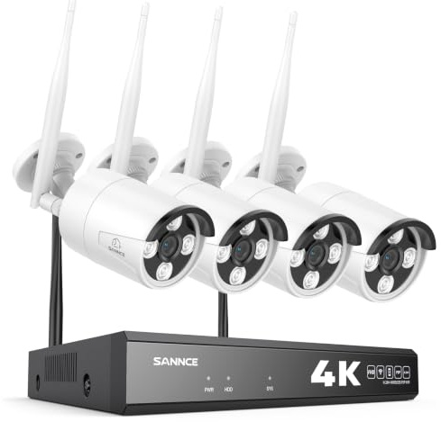 SANNCE 4K WLAN Überwachungskamera Set Aussen, 4 Kameras NVR 16CH ohne HDD | WiFi 6 (2,4 GHz & 5,8 GHz), Farb-Nachtsicht, 2-Wege-Audio, Personenerkennung, IP66, 8MP, In-/Outdoor, 70° Blickwinkel, Hause