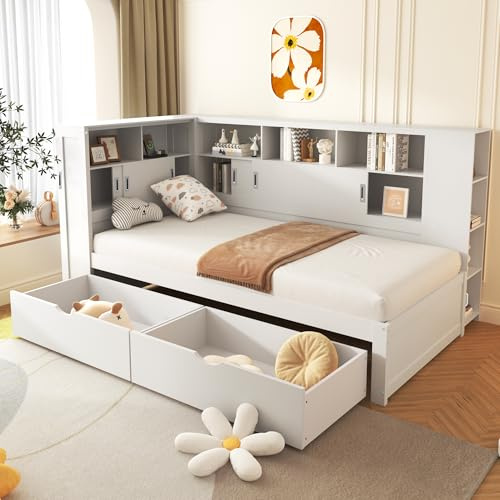 Miyemo Single Bed Frame with Storage Drawers, 3ft Platform Bed with Bookcase & Charging-Port, Multifunctional Bed, Pine, 90 * 190cm, White, (No Mattress)