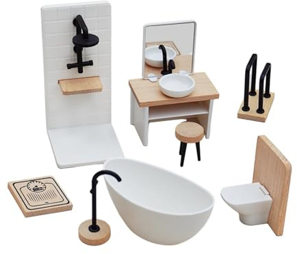 1/12 Puppenhaus Möbel Holz Badezimmer Set, Miniatur Möbel, Puppenhaus-Zubehör für Kinder ab 3 Jahren