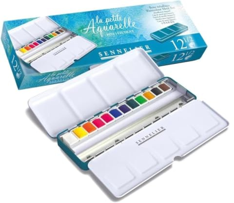 Sennelier Peinture Aquarelle 12 Demi-Godets .Boîte en métal et 1 Carte