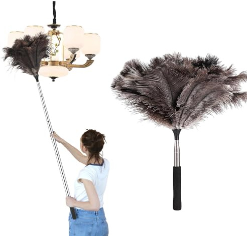 Extendable Feather Duster, Adjustable Long Handle Ostrich Feather Duster for Cleaning High Ceilings, Lights, Cupboards, Car and Office, Multi-Surface Dusting Tool(Length 40-116cm)