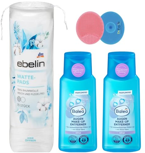 Balea 3er-Set – 2x Augen Make-up Entferner ölfrei, 100 ml & 1x Wattepads, 70 St + Bonus Silikonschwamm