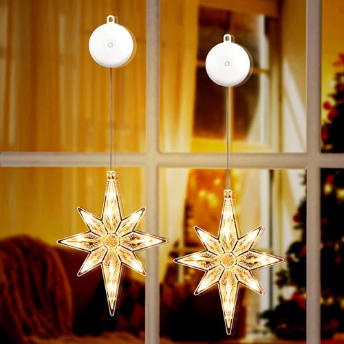UYUYong 2 Stück Weihnachtsbeleuchtung Fenster, Warmweiß Fensterlicht Weihnachts Polarstern, Weihnachtsdeko Fenster Beleuchtet mit Saugnäpfe LED-Sterne Octa für Weihnachten Balkon Party Hochzeit