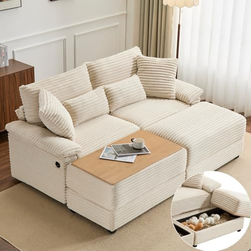 KEIKI Double Lounge Chaise Indoor with Reversible Storage Ottoman/Table, USB Port & Pillow, Corduroy Upholstered Sofa Couch Bed Sleeper Loveseat Chair Lounger for Living Room Bedroom Reading, Beige