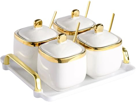 EABOSON 4 Pack Gold Condiment Spice Jars with Lids, Spoons, Tray - Ceramic Seasoning Box Set for Salt, Pepper, Sugar - Kitchen Storage