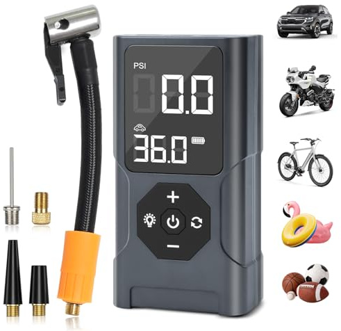 KERID Compresseur À Air Portatif, gonfleur pneus voiture, Pompe À Velo Gonfleur Electrique, Gonfleur Pneu Sans Fil avec Batterie 3600mAh & 12V DC, LED et Arrêt Automatique Pour Voiture Vél Basket-ball