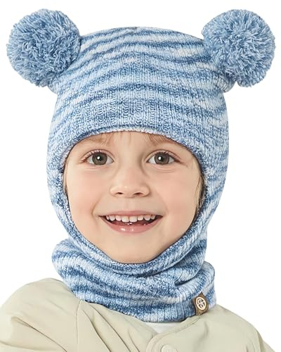 KAKU NANU Stickad mössa för pojkar med balaclava, pom och öronmuffar för pojkar och flickor i åldrarna 2 till 8 år, Blå, 2-8 år