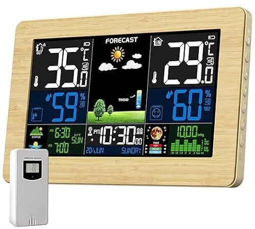 Stazione Meteo con Sensore Esterno, temperatura esterna/interna,Barometro Digitale LCD Wireless a Colori DCF, Sveglia, Fase Lunare, Previsioni Meteo, Retroilluminazione Regolabile, livelli di umidità