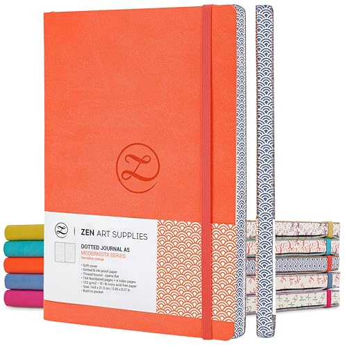 ZenART Supplies A5 Bullet Dotted Journal - Enjoy Bullet Journaling with a Soft Cover, Non-Bleed Thick 120gsm Paper with Japanese Edge Motif - Orange Faux Leather Lay Flat Dot Notebook