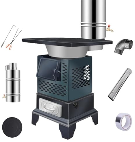 Poêle À Bois En Fonte Et Acier Pour Le Chauffage Domestique Intérieur Sans Fumée, Double Combustible Charbon/Bois, Onduit 400 Cm Inclus & Réservoir D'eau De 8 L