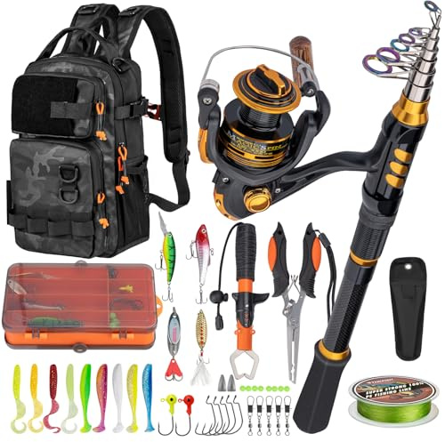 THKFISH Angelruten- und Rollen-Set mit Rucksack, Teleskop-Angelrute, Spinnrolle, Angelködern, Zange und Fischgreifer für Erwachsene