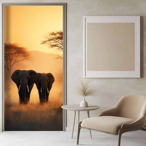 Türtapete Selbstklebend Türposter Grasland Elefanten, 3D Orange Farbe Türaufkleber Wasserfest Türfolie Selbstklebend Fototapete 80x200 cm, für Schlafzimmer Gang Tür Deko