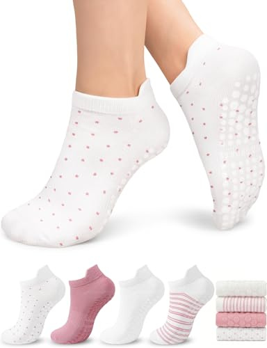 BLONGW Pilates Socks for Women, Cute Non Slip Grip Socks for Yoga, Barre, Hospital, Barefoot Soft No Show Athletic Socks, 4 Pairs Pink White