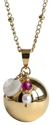 Bola grossesse coeur blanc nacre, pendentif en pierre précieuse rubis - Plaqué or - Cadeau femme enceinte - Pierre naturelle - Bola de grossesse doré avec chaine en acier inoxydable maille satellite