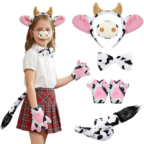 Amycute 5 Stück Kuh Kostüm Set Party Zubehör, Ohren Hörner Stirnband, Schwanz, Fliege, Klaue, Kuh Nase für Erwachsener Tier Thema Kostüm Halloween Karneval Fasching Cosplay Mottoparty