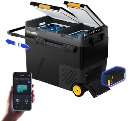 BougeRV CRD2 V2.0 57L Nevera con Batería 240Wh, Doble Puerta Doble Zona Compresor con Ruedas y Asa 12V 24V 230V Frigorífico Coche Camping App IPX4, -20℃~20℃ (Novedad 2026)