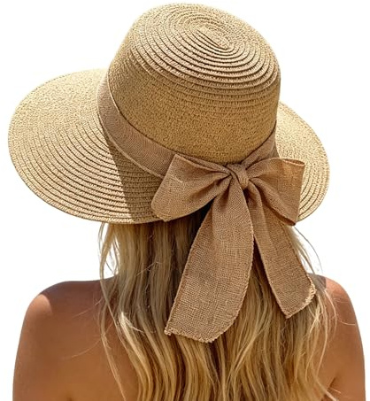 OPLERT Strohhut Damen mit Schleife, Sonnenhut Breite Krempe (10,5cm), Strandhut Verstellbar (56-58cm) Faltbar Sommerhut