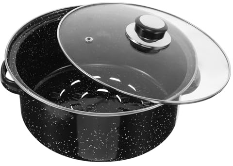 jojofuny Padella Bistecchiera in Smalto Nero 24cm con Coperchio in Vetro, Versatile e Facile da Pulire per Grigliate All'aperto e Bbq
