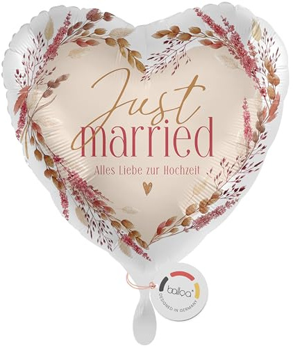 balloa Folienballon XXL Just Married Hochzeit, Herzballon Boho Deko, Helium Ballon für Brautpaar Feier, Luftballon zur Trauung, Geschenk zur Hochzeit, Wedding Partydekoration, 53cm