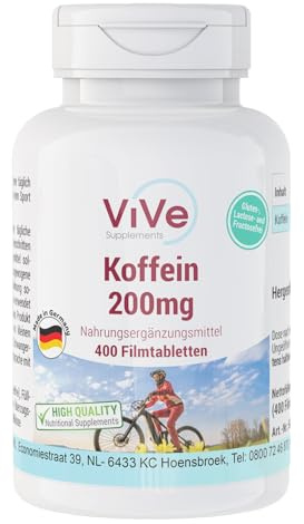 Koffein 200mg – 400 tabletter – 200mg per styck – lätta att svälja – högdoserade – biotillgängliga – kvalitet från Tyskland – ViVe Supplements