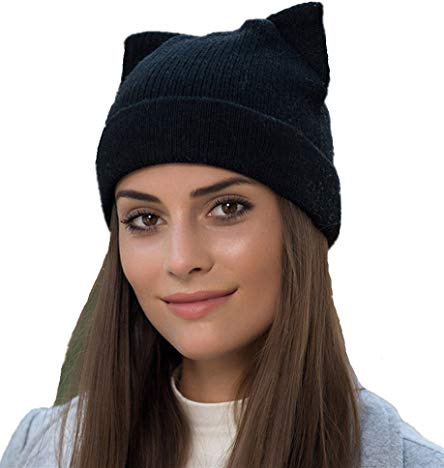 Damen-Mütze mit Katzenohren, Wolle, geflochten, Strick, trendig, Winter, warm