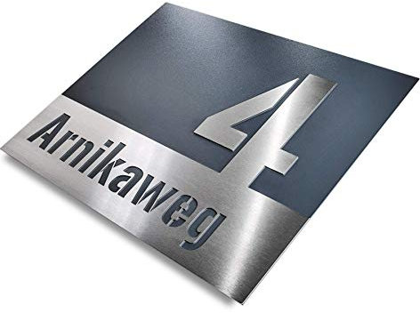 Metzler Edelstahl-Schild - mit Hausnummer und Straßenname - modernes Design - Anthrazit RAL 7016 - rostfrei & massiv (XL 266 x 380 mm)