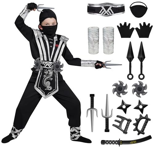 Spooktacular Creations Ensemble de costumes Silver Ninja Deluxe avec accessoires en mousse Ninja jouets pour enfants Kung Fu Outfit Halloween Ideas (Large (10-12 yr), silver)