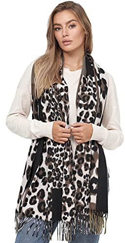 Glamexx24 Damen XXL Schal Kuscheliger warmer Leoparden Muster 3 farbiger Fransen Poncho Schal Oversized Deckenschal