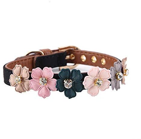Pet Dog Diamond Flower Collar, Adjustable PU Leather Dog Collar with Sparkling Rhinestones, Black Floral Design, Necklace for Small Dogs and Puppies (1.3 x 34 cm)