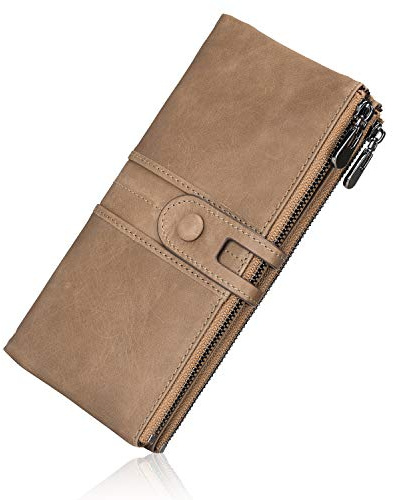 Roulens Damen Geldbörse aus echtem Aprikosen-Leder, RFID-geschützt, Vintage-Design, 13 Kartensteckplätze, 4 Fächer, L