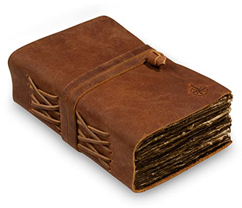 WANDERINGS Diario in Pelle Vintage Formato A6 – 10,5×15 cm – Copertina in Pelle Rilegata con Carta Bordo Irregolare Fatta a Mano – Per Scrittura, Appunti e Schizzi