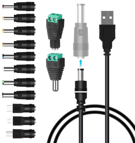 GUUZI USB auf DC Stromkabel,Universelles 5V DC 5,5x2,1mm Steckerladekabel mit 13 Anschlüssen (6.4×4.4, 6.3×3.0, 5.5×2.5, 5.5×2.1, 5.5×1.7, 4.8×1.7, 4.0×1.7, 3.5×1.35,Typ-C,Micro-USB,DC-Anschluss)