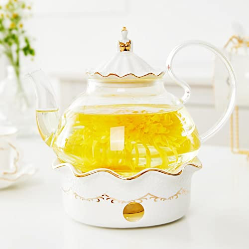 DUJUST Blooming Glass Teapot With Warmer, 1.2L Capacity, Removable Infuser for Loose Tea, Stovetop Safe, Luxury Design With Relief Decor & Gold Trims, Tea Gift