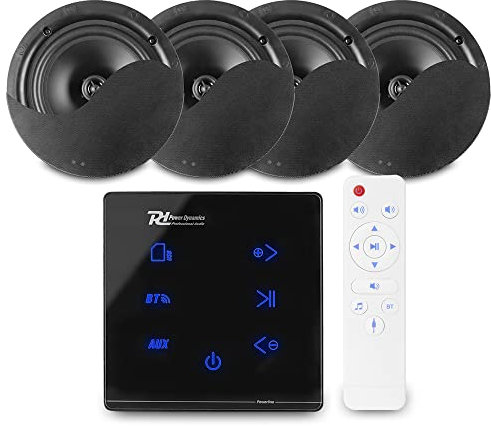 Power Dynamics Powerline A100B Bluetooth Ceiling Speaker System, Home Audio Amplifier Kit with 4x NCSS5B 5.25 Black Speakers & Wall Panel Amplifier for Wireless Music Streaming