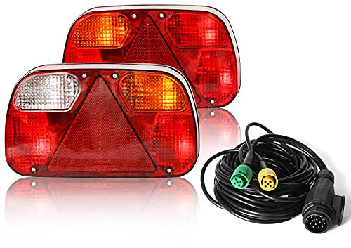 Qiping 2 Pack LKW Rückleuchten Satz, E-Geprüfte 12V Pkw Anhänger Beleuchtung Links/Rechts Rücklicht Set mit 5.5M Kabel - Vorverkabelt 13 Poliger Stecker & 2 x 5 Polig Bajonett
