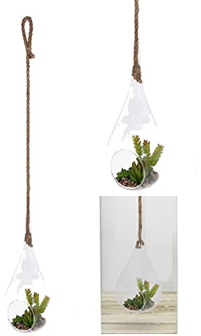 Glass Hanging Planter Plant with Artificial Succulent Plants in Terrarium Glass Plant Pot Hanger Flower Vase for Home Decoration Indoor Outdoor Houseplant, Teardrop (Medium Stem)
