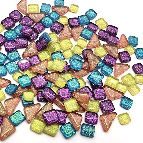 GOIYZTTR 200g Glas Mosaiksteine, Glitzerkristall Glasmosaik Quadrat Dreieck Mosaik Glasfliesen für DIY Handwerk Deko Mischen Mosaik Glas Stein