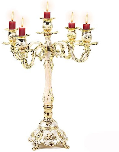 5 Arms Candle Holder Metal Candle Holder Gold Candelabra Vintage Candlestick for 1 Inch Diameter Pillar Candles Antique Candle Stand for Wedding Party Home Decor
