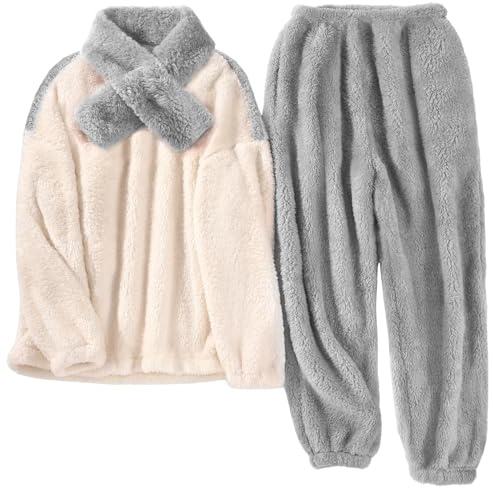 TOMEEK Damen Schlafanzug Set Winter Kuscheliger Polar Fleece Freizeitanzug mit Langarm-Oberteil Hose und Schal Gemütliche Nachtwäsche PJS für Frauen