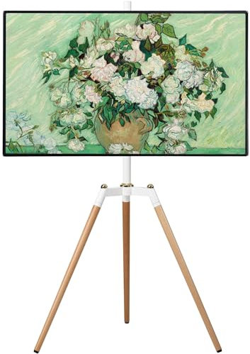 ETHU Tripod Easel TV Stand for 32-65 Inch Television, Height Adjustable Swivel TV Floor Stand with Solid Beech Wood Legs, VESA 400x400, Holds up to 40kg, Corner TV Stand for Living Room