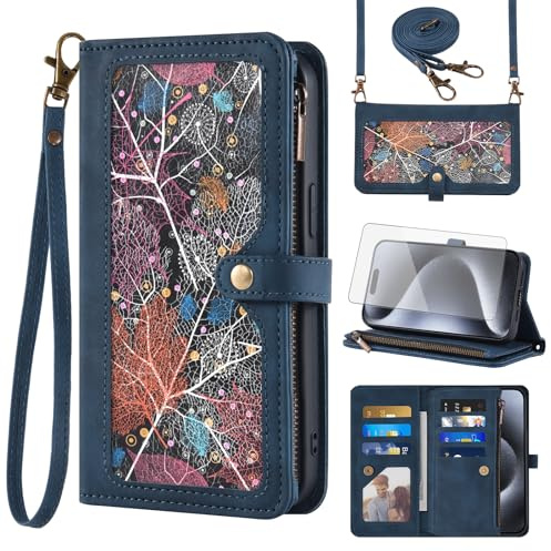 Phone Case for iPhone 15 Pro 6.1 inch Wallet Cover With Screen Protector and Crossbody Wrist Strap Leather Flip Pattern Zipper Credit Card Holder Cell iPhone15Pro 5G i i-Phone i15 iPhone15 15Pro Blue