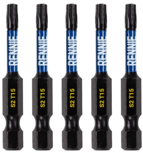 Rennie Tool Company 5 x Rennie Tools 50 mm langes T15 TX15 Schlagschrauber-Bit-Set. Hochleistungs-Magnet-Torx-Schraubendreher-Bit-Set. Schwarzoxidbeschichtete Torx-Schlagschrauber-Bits. Torx-Bit-Set.