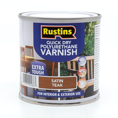 RustinsQuick Dry Poly Varnish Satin Teak 250ml -Tough, Water-Based Clear Finish in Gloss, Matt or Satin; Durable Protection for Interior Wood, Furniture and Floors
